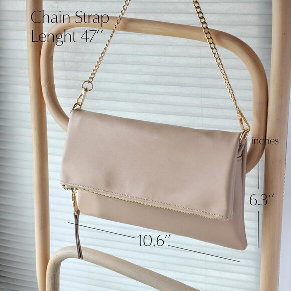 Vegan Leather Clutch Crossbody Bag Zipper Foldover with Chain Strap Women - Picture 3 of 7